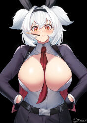  1girl :3 absurdres alvis_(last_origin) belt between_breasts black_background black_gloves blush breasts food food_in_mouth formal gloves hairband hands_on_own_hips highres jacket large_breasts last_origin necktie necktie_between_breasts official_alternate_costume oli_kkwak open_clothes open_jacket open_shirt orange_eyes pocky pocky_in_mouth red_necktie shirt short_eyebrows short_hair short_twintails signature simple_background solo suit thick_eyebrows twintails white_hair white_shirt 