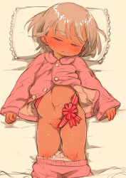 1girl belly blush cleft_of_venus clothes_pull dark-skinned_female dark_skin female_focus feral_lemma flat_chest loli long_sleeves lying on_back original pajamas panties pants pants_pull panty_pull pee_stain pillow pussy ribbon sleeves_past_wrists solo stained_panties unbuttoned unbuttoned_shirt underwear rating:Explicit score:145 user:Domestic_Importer