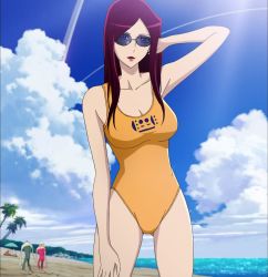  1girl arm_behind_head armpits beach blue-tinted_eyewear blue-tinted_glasses blue_sky breasts cleavage contrail lens_flare lipstick long_hair makeup ocean one-piece_swimsuit purple-tinted_eyewear purple-tinted_glasses red_hair scarlet_(space_dandy) screencap sky space_dandy sunglasses swimsuit tagme tinted_eyewear 