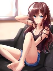  1girl :3 absurdres ahoge bare_arms bare_legs bare_shoulders barefoot black_tank_top blue_eyes blush breasts brown_hair cleavage commentary_request couch denim denim_shorts hand_on_head highres ichinose_shiki idolmaster idolmaster_cinderella_girls knee_up long_hair looking_at_viewer masuku_(saint_mask) medium_breasts shorts sitting smile solo spaghetti_strap tank_top wavy_hair  rating:Sensitive score:32 user:danbooru
