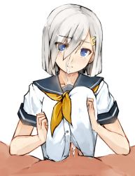 1boy 1girl blue_eyes blue_sailor_collar breast_press breasts clothed_female_nude_male cum cum_on_body cum_on_upper_body ejaculation eyes_visible_through_hair facial hair_between_eyes hair_ornament hair_over_one_eye hairclip hamakaze_(kancolle) head_tilt hetero highres kantai_collection large_breasts looking_at_viewer neckerchief nude paizuri paizuri_under_clothes parted_lips pen_(pen3) penis sailor_collar school_uniform serafuku shirt short_hair short_sleeves silver_hair simple_background white_background white_shirt yellow_neckerchief rating:Explicit score:36 user:danbooru