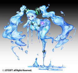  1girl absurdres apple_caramel blue_skin colored_skin core full_body gradient_background grey_background highres monster_girl official_art original purple_eyes see-through_body slime_(substance) slime_girl twintails 