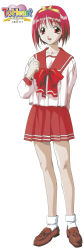 1girl absurdres arm_behind_back brown_footwear full_body hairband highres kamigishi_akari loafers logo long_sleeves open_mouth pleated_skirt red_eyes red_hair red_skirt scan school_uniform shoes short_hair simple_background skirt socks solo standing to_heart to_heart_(series) white_background rating:Sensitive score:3 user:danbooru