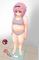  1girl alternate_body_size arms_at_sides blush breasts closed_mouth collarbone commentary_request eyeball full_body grey_background hair_between_eyes hairband heart highres komeiji_satori medium_breasts medium_hair navel nerizou open_hands pink_hair plump red_eyes solo sports_bra standing thick_arms thick_thighs thighs tile_floor tiles touhou translation_request weighing_scale weight_conscious  rating:Sensitive score:8 user:danbooru