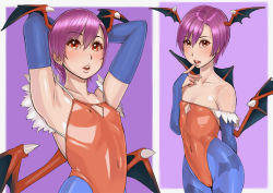  1girl animal_print armpits arms_up bare_shoulders bat_print bat_wings bridal_gauntlets capcom covered_erect_nipples covered_navel demon_girl elbow_gloves flat_chest gloves head_wings leotard lilith_aensland looking_at_viewer navel open_mouth pantyhose print_pantyhose purple_hair red_eyes red_leotard short_hair solo vampire_(game) wings zenkou  rating:Questionable score:33 user:danbooru