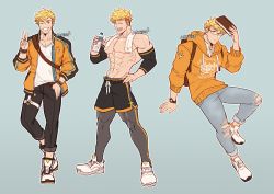 1boy abs absurdres alternate_costume bara bare_pectorals bare_shoulders blonde_hair book bottle casual collage denim dolphin_shorts glasses granblue_fantasy green_eyes highres hood hoodie jeans large_pectorals looking_at_viewer male_focus multiple_views muscular one_eye_closed oneirio orange_hoodie pants pectorals shoes short_hair shorts sweat tight_clothes torn_clothes torn_pants towel v vane_(granblue_fantasy) water_bottle rating:Sensitive score:8 user:danbooru