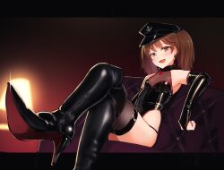  1girl :d armpits bare_shoulders black_gloves black_thighhighs blush boots breasts brown_eyes brown_hair crossed_legs dominatrix elbow_gloves female_focus gloves hat high_heels indoors kantai_collection katsuten lamp leotard long_hair looking_at_viewer matching_hair/eyes open_mouth panties ryuujou_(kancolle) sitting small_breasts smile solo thigh_boots thighhighs twintails underwear 