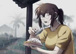  1girl artist_request breasts brown_hair bush character_request closed_eyes copyright_request corrugated_galvanized_iron_sheet crying eating food highres holding holding_plate medium_breasts open_mouth palm_tree plate ponytail rain rice round_eyewear shirt solo tears teeth tree yellow_shirt 