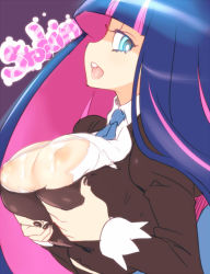 10s 1girl black_nails blue_eyes blunt_bangs breast_lift breasts character_name colored_inner_hair glance hime_cut inverted_nipples large_breasts long_hair looking_at_viewer multicolored_hair nail_polish naso4 naughty_face necktie nipples panty_&amp;_stocking_with_garterbelt pink_hair purple_hair solo stocking_(psg) tongue tongue_out torn_clothes two-tone_hair upper_body  rating:Questionable score:121 user:danbooru
