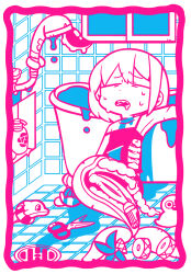  1girl armpits bare_arms bare_shoulders bathroom bathtub blood blue_blood border check_copyright closed_eyes collarbone colored_lineart commentary_request copyright_request death drain_(object) dripping drooling faucet fins fish_tail frown full_body furrowed_brow guro indoors innertube intestines leaning_back limited_palette mermaid monster_girl open_mouth original ribs rubber_duck scissors shampoo_bottle sharp_teeth short_hair sitting solo spaghetti_strap strap_slip suicide sweat swim_ring tail tank_top teeth terada_tera tile_floor tiles toy_dolphin upper_teeth_only white_border window  rating:Explicit score:4 user:danbooru