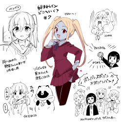  5girls :3 :d :o absurdres beamed_eighth_notes black_thighhighs blazer blonde_hair blue_ribbon blue_skin chikura_shizuru clothes_lift collared_shirt colored_skin commentary_request copyright_name eighth_note episode_number fang flower flying_sweatdrops foil hair_flower hair_ornament hairclip highres hoshi_nadeshiko jacket jitome kuga_reimi kuroki_mito lifting_own_clothes low_twintails multiple_girls multiple_views musical_note namo_(goodbyetears) neckerchief open_mouth partially_colored pink_eyes pleated_skirt rectangular_mouth red_jacket red_skirt ribbon school_uniform serafuku shinonome_akira shirt shuumatsu_train_doko_e_iku? side_ponytail skirt skirt_lift small_sweatdrop smile tanuki thighhighs translation_request triangle_mouth twintails wet wet_hair 