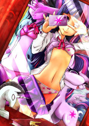  1girl absurdres book bow bow_panties bra breasts cleavage collared_shirt cutie_mark eyelashes highres lifted_by_self long_hair mirror multicolored_hair multiple_persona my_little_pony my_little_pony:_equestria_girls my_little_pony:_friendship_is_magic navel panties personification phone princess_twilight_sparkle purple_eyes ribbon sci-twi shirt sidelocks skirt skyshek small_breasts smile solo twilight_sparkle underwear unzipped 