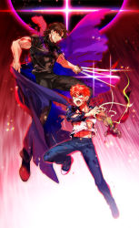  2boys black_keys_(type-moon) blood blood_on_face blood_on_clothes brown_hair denim emiya_shirou fate/stay_night fate_(series) fighting fighting_stance full_body heaven&#039;s_feel highres jeans kotomine_kirei looking_at_another male_focus multiple_boys outstretched_arm pants red_hair smile sunday31 torn_clothes yellow_eyes 