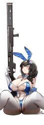  1girl animal_ears between_breasts black_hair blue_bow blue_bowtie blue_leotard blush bowtie breasts closed_eyes detached_collar fake_animal_ears frontal_wedgie goddess_of_victory:_nikke gun holding holding_weapon huge_breasts leotard long_hair mary_(medical_rabbit)_(nikke) mary_(nikke) official_alternate_costume pantyhose playboy_bunny rabbit_ears see-through see-through_leotard shotgun signature siriuflong sitting solo spread_legs strapless strapless_leotard sweatdrop thick_thighs thighs weapon white_background white_pantyhose 