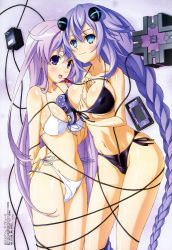  10s 2girls :d absurdly_long_hair absurdres alternate_breast_size arm_behind_back arm_between_breasts asymmetrical_docking bare_shoulders bdsm between_breasts bikini black_bikini blue_eyes blush body_blush bondage bound braid breast_press breasts cable cleavage controller covered_erect_nipples d-pad electric_plug female_focus fingernails front-tie_top game_console game_controller gamepad glasses groin hair_between_eyes hair_ornament hand_under_clothes hand_under_swimsuit handheld_game_console highres holding hug kochiku_yuuto large_breasts leaning_forward light_smile long_fingernails long_hair looking_at_viewer lying magical_girl megami_magazine multiple_girls navel nepgear neptune_(neptunia) neptune_(series) non-web_source official_art on_back on_side open_mouth purple_eyes purple_hair purple_heart_(neptunia) scan siblings side-tie_bikini_bottom sideboob sisters skindentation smile string_bikini swimsuit symbol-shaped_pupils twin_braids underboob very_long_hair white_bikini yuri  rating:Sensitive score:62 user:danbooru