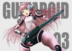  1girl :d ao_usagi aqua_eyes blunt_bangs from_below grey_background guitar guitar_girl headphones instrument joints legs_apart long_hair looking_at_viewer mecha_musume mechanical_arms mechanical_ears mechanical_legs music number_tattoo open_mouth original pink_hair playing_instrument plectrum ringed_eyes robot_joints smile solo speaker tattoo 