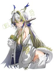  1girl :&gt; ? absurdres arknights bare_shoulders blonde_hair blue_hair blush breasts closed_mouth colored_skin commentary_request dragon_girl dragon_horns dragon_tail from_side grey_hair hair_censor hair_intakes highres horn/wood horns jacket long_sleeves looking_at_viewer medium_breasts multicolored_hair no_bra off_shoulder open_clothes open_jacket pants pointy_ears puffy_long_sleeves puffy_sleeves shu_(arknights) simple_background solo spoken_question_mark streaked_hair tail white_background white_jacket white_pants yellow_eyes 