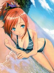  1girl aqua_theme beach bikini blue_eyes bow breasts cleavage large_breasts orange_hair ponytail purple_bow shiny_skin smile solo source_request striped_bikini striped_clothes swimsuit tan tanline thighs water  rating:Sensitive score:17 user:AmIAmIAm