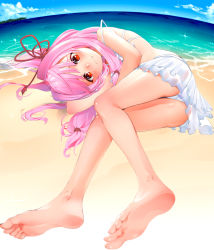 1girl barefoot beach bikini blush feet hair_ornament kotonoha_akane long_hair looking_at_viewer lying on_side pink_hair pov red_eyes soles swimsuit toes voiceroid rating:Sensitive score:43 user:ssfl