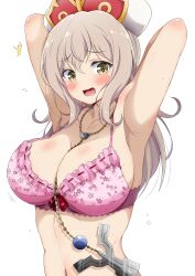  1girl absurdres armpits arms_behind_head arms_up blush bouncing_breasts bra breasts cleavage commentary dot_nose eggman_(pixiv28975023) embarrassed floral_print flying_sweatdrops furrowed_brow grey_hair hat highres isekai_maou_to_shoukan_shoujo_no_dorei_majutsu large_breasts long_hair looking_at_viewer lower_teeth_only lumachina_weselia motion_lines navel open_mouth pink_bra raised_eyebrows red_ribbon ribbon simple_background solo strap_gap teeth underwear underwear_only wavy_mouth white_background 