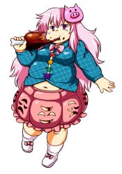 1girl absurdres boned_meat bow bowtie button_gap buttons drooling eating fat food hata_no_kokoro highres meat navel nazotyu pig_mask pink_bow pink_bowtie pink_eyes pink_hair plaid plaid_shirt shirt skirt star_button touhou triangle_button weight_gain white_footwear x