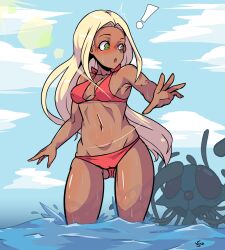  ! 1girl 1other armpits bikini blonde_hair blue_sky blush cloud cloudy_sky creatures_(company) curvy faceless game_freak gen_1_pokemon green_eyes highres long_hair looking_at_another looking_back moaning navel nintendo npc_trainer pokemon pokemon_(creature) pokemon_xy restrained sexually_suggestive sky swimmer_(pokemon) swimsuit tan tentacles tentacruel verymediocre water wet wide_hips you_gonna_get_raped 