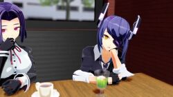  1boy 2girls 3d animated assertive_female breasts cafe censored eyepatch finger_to_mouth fingerless_gloves flim13 footjob footjob_under_table gloves halo kantai_collection looking_at_viewer mechanical_halo medium_breasts mosaic_censoring multiple_girls penis pink_eyes purple_hair shoes short_hair shushing siblings sisters stealth_footjob tagme tatsuta_(kancolle) tenryuu_(kancolle) unworn_shoes video yellow_eyes  rating:Explicit score:7 user:Gyarus4Life