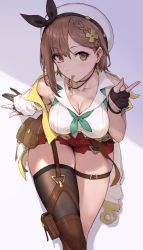1girl atelier_(series) atelier_ryza bare_shoulders black_gloves black_thighhighs blush braid breasts brown_eyes brown_hair cleavage collared_shirt earrings from_above gloves gouta_(nagishiro6624) green_neckwear hair_ornament hair_ribbon haoni highres in_mouth jacket jewelry key key_necklace large_breasts leather_belt necklace off_shoulder open_clothes open_jacket partially_fingerless_gloves pouch red_shorts reisalin_stout ribbon shirt shorts side_braid single_sidelock single_thighhigh sitting sleeveless sleeveless_shirt solo thigh_pouch thigh_strap thighhighs thighs white_headwear white_shirt yellow_jacket rating:Sensitive score:71 user:danbooru