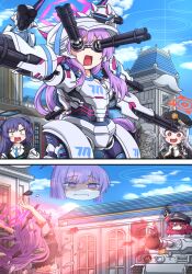  2koma 4girls :d absurdres aiming alternate_costume armor black_necktie blue_archive blue_necktie bow braid building cherino_(blue_archive) collared_shirt comic commentary_request devil_yanghyeok firing forehead grey_hair gun hair_between_eyes hair_bow hair_ribbon halo handgun haruna_(blue_archive) hat highres holding holding_gun holding_weapon iroha_(blue_archive) korean_commentary long_hair long_sleeves looking_at_another mecha_musume military_vehicle motor_vehicle multiple_girls necktie open_mouth outdoors parted_bangs peaked_cap pleated_skirt power_armor purple_eyes purple_hair red_eyes red_hair ribbon school school_uniform shirt sidelocks silent_comic single_braid skirt smile statue surprised tank tiger_i triangle_mouth two_side_up utaha_(blue_archive) walther walther_p38 wavy_hair weapon white_skirt yuuka_(blue_archive) 