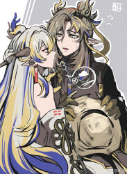  1boy 1girl arknights bare_shoulders blonde_hair brown_hair brown_horns brown_robe chinese_clothes chinese_commentary commentary_request dragon_girl dragon_horns earrings eye_contact face-to-face flying_sweatdrops grey_eyes grey_hair grey_horns hat highres holding holding_clothes holding_hat horns jewelry long_hair looking_at_another multicolored_hair off_shoulder open_mouth outline parted_lips pointy_ears profile purple_hair purple_horns robe shu_(arknights) sweatdrop unworn_hat unworn_headwear upper_body watermark weibo_logo wen_zizi-ya white_outline yellow_hat yellow_horns zhi_(arknights) 