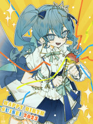 1girl 2023 3pel1 :d alternate_costume artist_name back_bow blue_bow blue_eyes blue_hair blue_nails blue_ribbon blue_skirt bow bowtie character_name confetti corset double-parted_bangs english_text frilled_skirt frills gradient_nails green_bow green_bowtie hair_between_eyes hair_bow hair_ribbon happy_birthday highres hololive hololive_idol_uniform_(bright) hoshimachi_suisei jacket large_bow layered_skirt lower_teeth_only medium_hair miniskirt official_alternate_costume open_mouth outline overskirt puffy_short_sleeves puffy_sleeves ribbon sash shirt short_sleeves side_ponytail sidelocks signature skirt smile solo streamers teeth tiara tongue twitter_username two-sided_fabric two-sided_skirt underbust virtual_youtuber waist_bow white_jacket white_outline white_shirt white_skirt wrist_cuffs yellow_background 