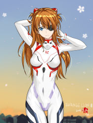 1girl alternate_costume arms_up artist_request blue_eyes breasts brown_hair copyright_name cowboy_shot dated evangelion:_3.0+1.0_thrice_upon_a_time eyepatch facing_viewer gradient_background hand_in_own_hair highres interface_headset lips long_hair looking_at_viewer medium_breasts neon_genesis_evangelion plugsuit rebuild_of_evangelion simple_background skin_tight sky solo souryuu_asuka_langley standing twintails upper_body rating:Sensitive score:6 user:fakyuh