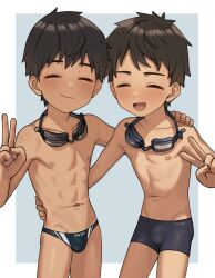  2boys artist_request black_hair black_jammers black_male_swimwear black_swim_briefs blush character_request closed_eyes copyright_request goggles goggles_around_neck highres jammers male_focus male_swimwear multiple_boys nipples pectorals shota source_request swim_briefs swimsuit toned toned_male topless_male trunks v 