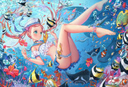  1girl :o anchor_ornament aqua_eyes ass blush bubble clownfish coral coral_reef day dress feet fish flat_chest floating flower full_body hat looking_to_the_side lunarmimi nails petals sailor_dress skirt soles stingray toes twintails underwater water whale whale_shark 