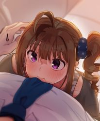  1girl ahoge blue_scrunchie blurry blurry_foreground blush brown_hair closed_mouth commentary depth_of_field drill_hair hair_ornament hair_scrunchie height_difference hug idolmaster idolmaster_million_live! kamille_(vcx68) light_frown looking_at_another medium_hair pov print_scrunchie purple_eyes scrunchie side_drill side_ponytail sidelocks smile star_(symbol) star_print sweatdrop yokoyama_nao  rating:Sensitive score:9 user:danbooru