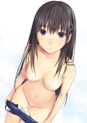 1girl bad_id bad_pixiv_id blue_eyes blush breasts clothes_pull eyebrows gradient_background hair_ornament hairclip highres leaning_forward long_hair looking_at_viewer medium_breasts n.g. navel nipples nude one-piece_swimsuit one-piece_swimsuit_pull original parted_lips pussy shiny_skin solo swimsuit thigh_gap uncensored undressing wet rating:Explicit score:155 user:danbooru