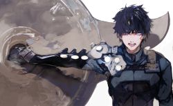  1boy angry armor artist_request black_armor black_gloves black_hair blood blood_from_mouth blood_on_face blue_eyes commentary_request fate/grand_order fate_(series) fujimaru_ritsuka_(male) gauntlets gloves hair_between_eyes highres holding holding_shield holding_weapon long_sleeves looking_at_viewer male_focus official_alternate_costume open_mouth red_pupils shield short_hair shoulder_armor solo teeth upper_body weapon white_background  rating:Sensitive score:10 user:danbooru