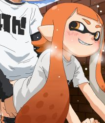  1boy 1girl blue_sky blush brick_wall clothed_sex clothes_pull cloud day domino_mask grin heavy_breathing hetero inkling_player_character loli long_hair mask monster_girl nintendo orange_eyes orange_hair pointy_ears sex sharp_teeth short_sleeves shorts shorts_pull sky smile splatoon_(series) squid_girl sweat teeth tentacle_hair tomu_(tomubobu) wall  rating:Explicit score:75 user:Domestic_Importer