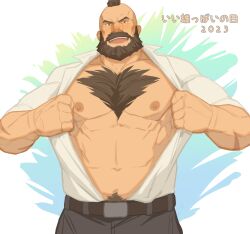  1boy :d abs bara bare_pectorals beard body_fur brown_hair chest_hair cowboy_shot facial_hair full_beard highres large_pectorals looking_at_viewer male_focus mature_male mohawk muscular muscular_male navel nipples open_mouth pectorals ryker short_hair smile solo standing stomach street_fighter thick_beard translation_request zangief 