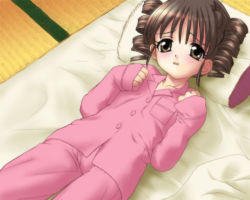  00s 1girl bed brown_hair drill_hair female_focus full_moon_wo_sagashite indoors kouyama_mitsuki pajamas solo twin_drills  rating:Sensitive score:9 user:Anonymaid
