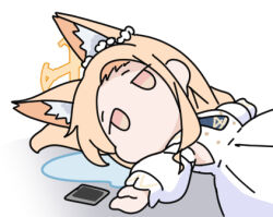  1girl animal_ear_fluff animal_ears blonde_hair blue_archive cellphone chibi cruciform_halo detached_sleeves dress empty_eyes flower_wreath forehead fox_ears gradient_eyes halo long_hair lowres lying multicolored_eyes no_mouth nyaru_(nyaru_4126) on_back phone seia_(blue_archive) smartphone solo solo_focus tears white_background white_dress yellow_halo 