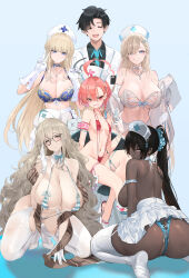  1boy 5girls absurdres ahoge akane_(blue_archive) alternate_breast_size alternate_costume areola_slip ass asuna_(blue_archive) asymmetrical_bangs back bag bag_on_head bare_shoulders bikini black_hair black_shirt blonde_hair blue_archive blue_archive_the_animation blue_background blue_bra blue_eyes blue_necktie blush bra braid breasts brown_eyes choker cleaning_&amp;_clearing_(blue_archive) cleavage collarbone commentary cross-laced_clothes cross-laced_panties dark-skinned_female dark_skin dishwasher1910 double_v french_braid glasses gloves grin hair_between_eyes hair_over_one_eye halo hat highres huge_ahoge huge_ass jewelry karin_(blue_archive) large_breasts light_brown_hair long_hair looking_at_viewer looking_back mole mole_on_breast mole_under_eye multiple_girls navel necklace necktie neru_(blue_archive) nurse_cap one-piece_swimsuit open_mouth orange_hair panties paper_bag ponytail red_eyes red_one-piece_swimsuit revealing_clothes sensei_(blue_archive) sensei_(blue_archive_the_animation) shawl shirt short_hair side_braid sideboob skirt slingshot_swimsuit small_breasts smile soles striped_bikini striped_clothes swimsuit syringe toki_(blue_archive) underwear v very_dark_skin very_long_hair white_bra white_gloves white_skirt yellow_eyes  rating:Sensitive score:114 user:danbooru