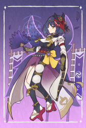  1girl 2023 arm_guards armpits arms_at_sides artist_name artist_request black_gloves black_wings blue_hair breast_curtain breasts clenched_hands collarbone collared_shirt dark_blue_hair dated detached_sleeves elbow_gloves eyelashes fan feather_fan feathered_wings female_focus flag flying full_body genshin_impact geta gloves hand_fan highres holding holding_fan japanese_clothes jewelry knee_socks kujou_sara legs looking_at_viewer looking_to_the_side mask mask_on_head medium_breasts medium_hair mihoyo multiple_wings neck necklace obi profile purple_background purple_theme sandals sash serious shirt shorts shorts_under_skirt sidelocks sleeveless sleeveless_shirt socks swept_bangs tabi tassel tengu tengu-geta tengu_mask thighs tomoe_(symbol) vision_(genshin_impact) wide_sleeves wings yellow_eyes 