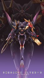 a-pose absurdres arm_blade arm_cannon armor artist_name black_cape black_skin cape character_name chest_jewel colored_skin dark_background digimon energy_gun full_body glowing glowing_eyes gradient_background gun handgun highres horns multiple_heads neon_trim omegamon_alter-b red_eyes revolver robot sawadafy shield shoulder_armor solo spikes weapon zoom_layer 