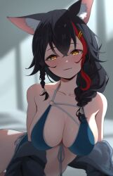  1girl alternate_costume animal_ear_fluff animal_ears bikini black_hair blue_bikini blurry blurry_background blush braid breasts brown_eyes collarbone commentary_request front-tie_bikini_top front-tie_top hair_ornament hairclip highres hololive large_breasts long_hair looking_at_viewer lying o-ring o-ring_bikini on_side ookami_mio parted_lips side_braid single_braid skindentation solo suzuushi swimsuit thigh_gap virtual_youtuber wolf_ears wolf_girl 