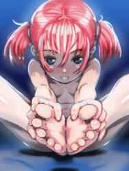  1girl :d barefoot black_eyes feet flat_chest foot_focus foot_pussy foreshortening hands_on_own_feet knees_apart_feet_together loli looking_at_viewer navel nude open_mouth original presenting_foot red_hair sitting smile soles solo soon_(c-u-soon) spread_toes toenails toes twintails 
