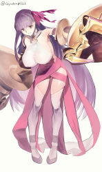  1girl abs bare_shoulders breasts claws clothing_cutout collar fate/grand_order fate_(series) gyudong123 highres huge_breasts long_hair passionlip_(fate) passionlip_(third_ascension)_(fate) pink_ribbon purple_hair revealing_clothes ribbon smile twitter_username very_long_hair white_background 