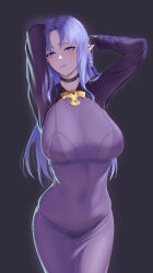  1girl arms_behind_head arms_up black_gloves blue_eyes blue_hair blue_lips blush braid bralines breasts choker covered_navel dress fate/stay_night fate_(series) gloves highres large_breasts long_hair long_sleeves looking_at_viewer medea_(fate) nmi pantylines parted_bangs parted_lips pointy_ears purple_dress side_braid sidelocks solo 