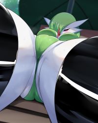  1girl creatures_(company) from_below furry game_freak gardevoir gen_3_pokemon highres looking_down nintendo pokemon pokemon_(creature) red_eyes sana!rpg solo thighhighs  rating:Questionable score:121 user:FabricioDias