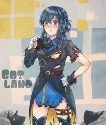  1girl absurdres black_neckerchief blue_hair blue_sailor_collar blue_skirt blush character_name collared_shirt commentary_request cowboy_shot dirk gloves gotland_(kancolle) hair_bun half_gloves highres kantai_collection long_hair looking_at_another messy_hair military military_uniform mole mole_under_eye neckerchief oeoeuhoho pout sailor_collar sheep shirt single_hair_bun skirt thigh_strap torn_clothes torn_neckerchief torn_skirt uniform white_gloves 